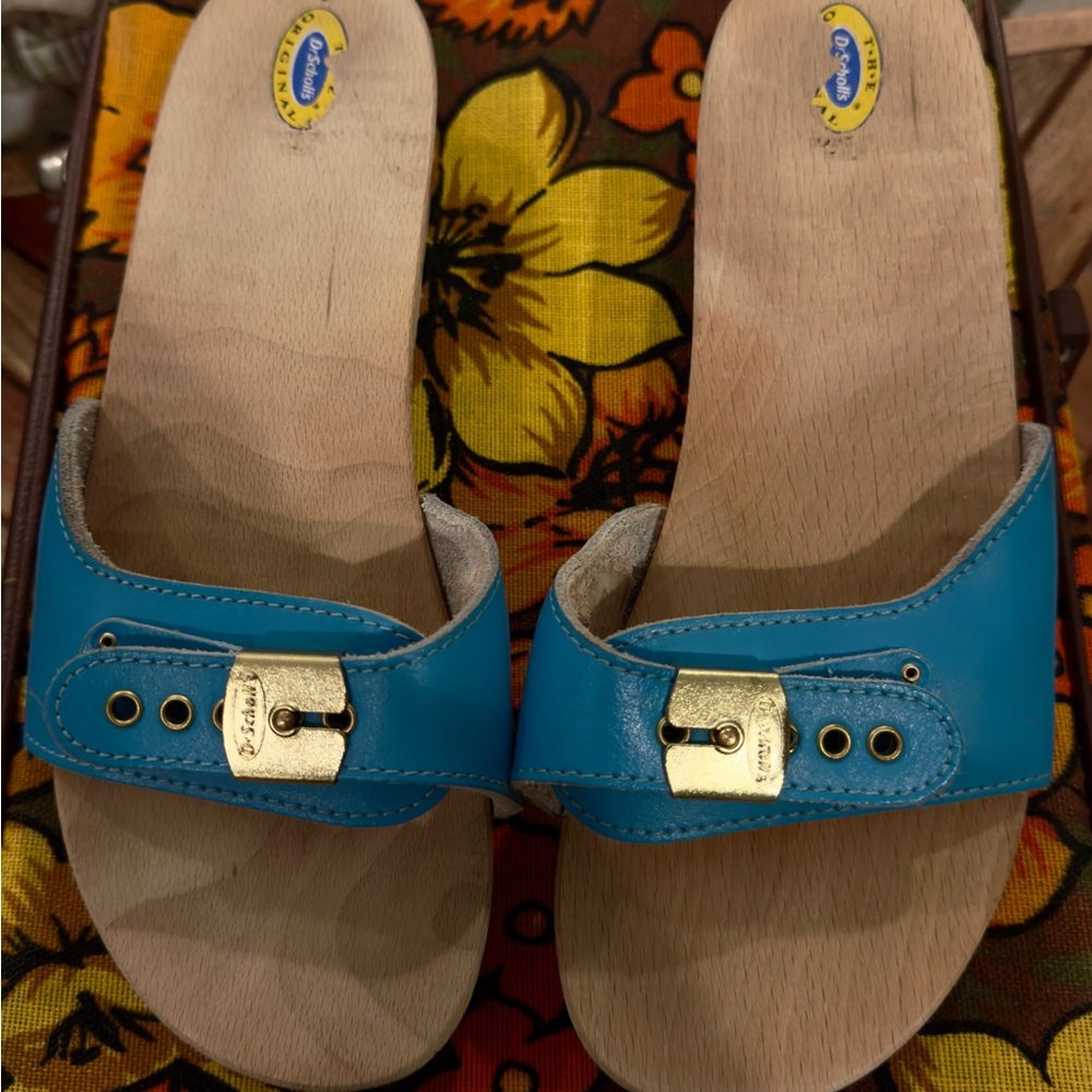Vintage Dr. Scholls turquoise wooden clog slide sandals